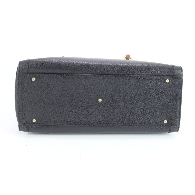 Vintage Old Gucci Bamboo Leather Handbag Tote Genuine Leather Black Branded