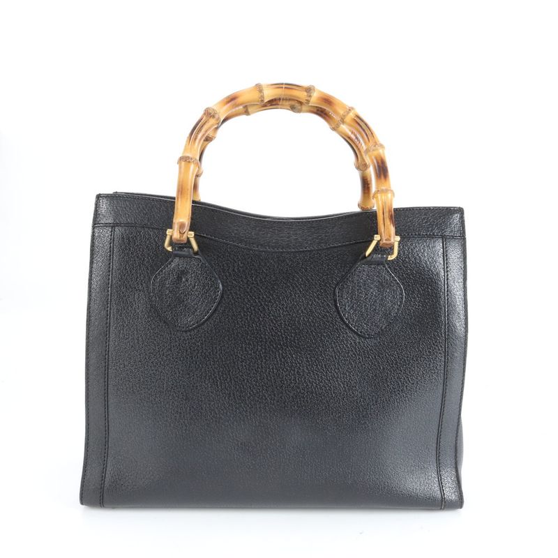 Vintage Old Gucci Bamboo Leather Handbag Tote Genuine Leather Black Branded