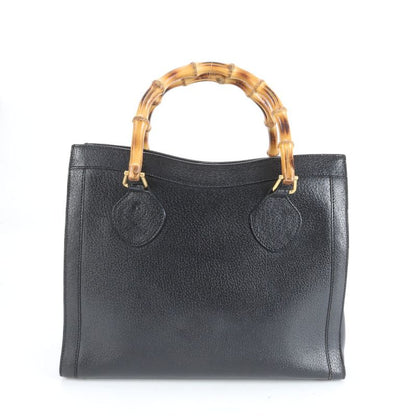 Vintage Old Gucci Bamboo Leather Handbag Tote Genuine Leather Black Branded