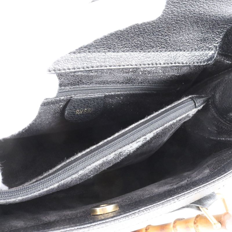 Vintage Old Gucci Bamboo Leather Handbag Tote Genuine Leather Black Branded