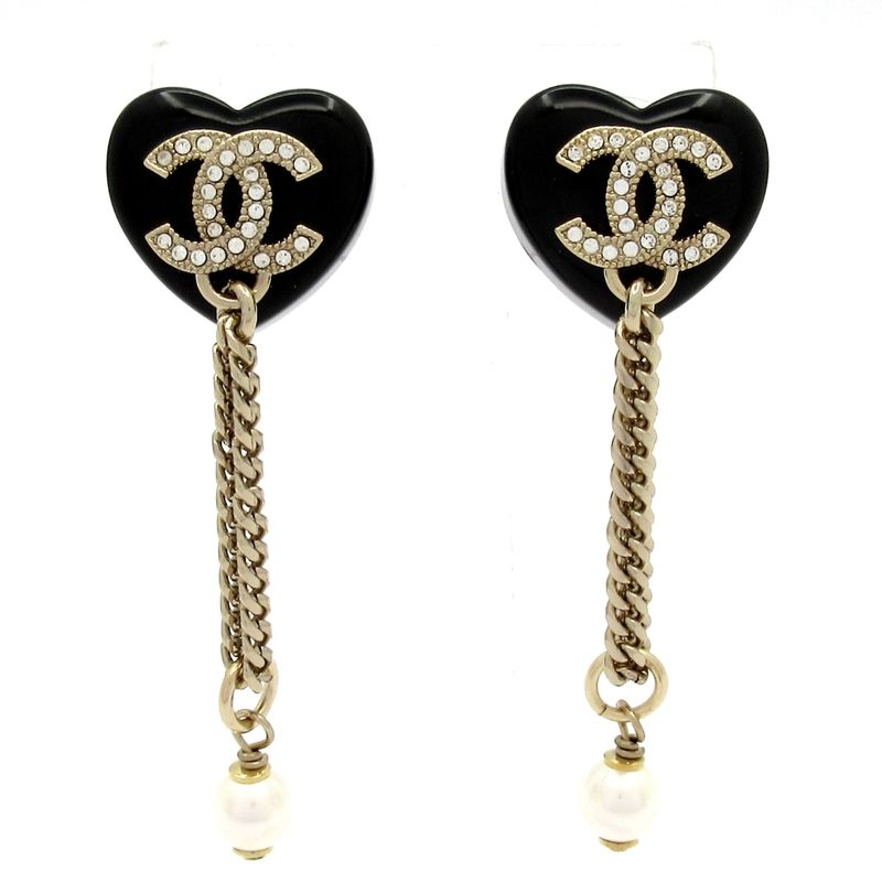 Chanel Earrings Coco Mark Black×gold×white Heart