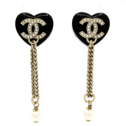 Chanel Earrings Coco Mark Black×gold×white Heart