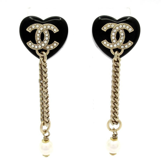 Chanel Earrings Coco Mark Black×gold×white Heart