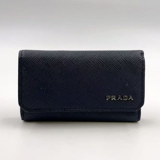 Prada Embossed Logo Saffiano Leather Black Key Case Silver