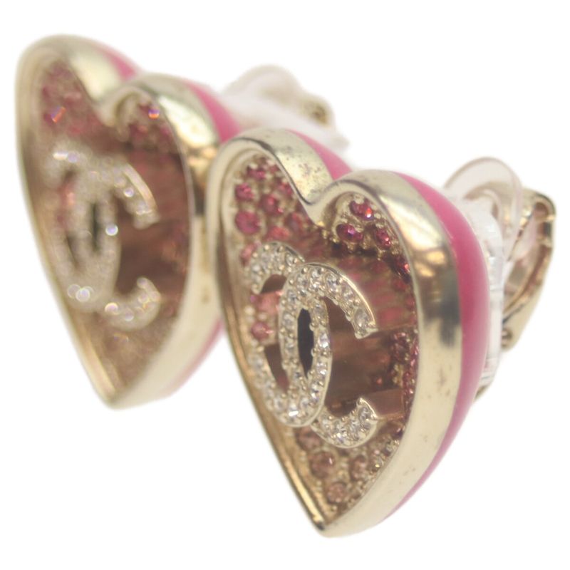 Chanel C23P GP Pink Rhinestone Heart Coco Mark Earrings Gold