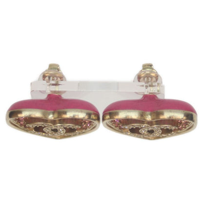 Chanel C23P GP Pink Rhinestone Heart Coco Mark Earrings Gold