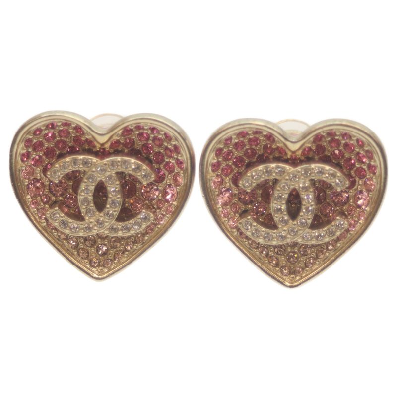Chanel C23P GP Pink Rhinestone Heart Coco Mark Earrings Gold