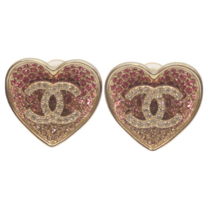 Chanel C23P GP Pink Rhinestone Heart Coco Mark Earrings Gold