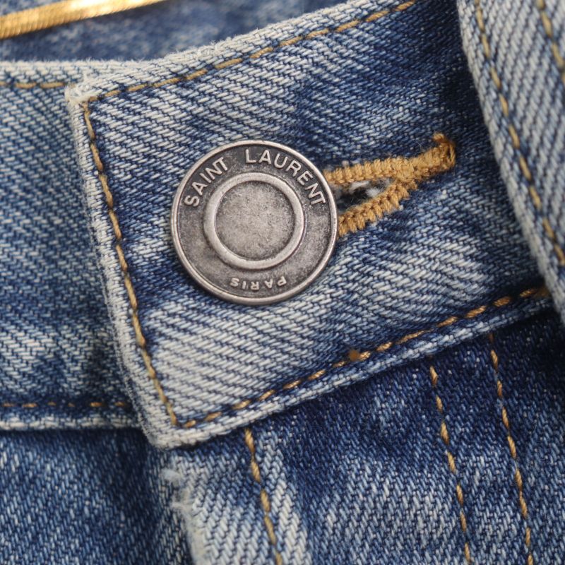 Saint Laurent Paris 24ss 614443 Washed Button Fly Leather Straight Denim