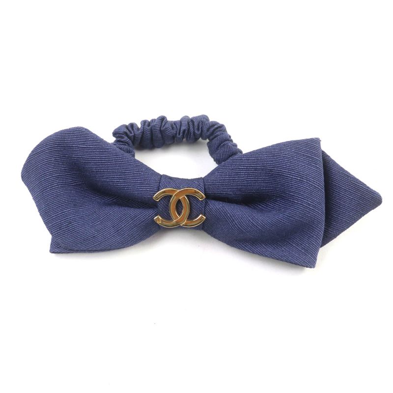 CHANEL Fabric Ribbon Chouche With Coco Mark Hardware Hair Accessory Navy