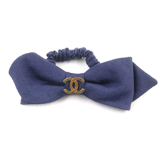 CHANEL Fabric Ribbon Chouche With Coco Mark Hardware Hair Accessory Navy
