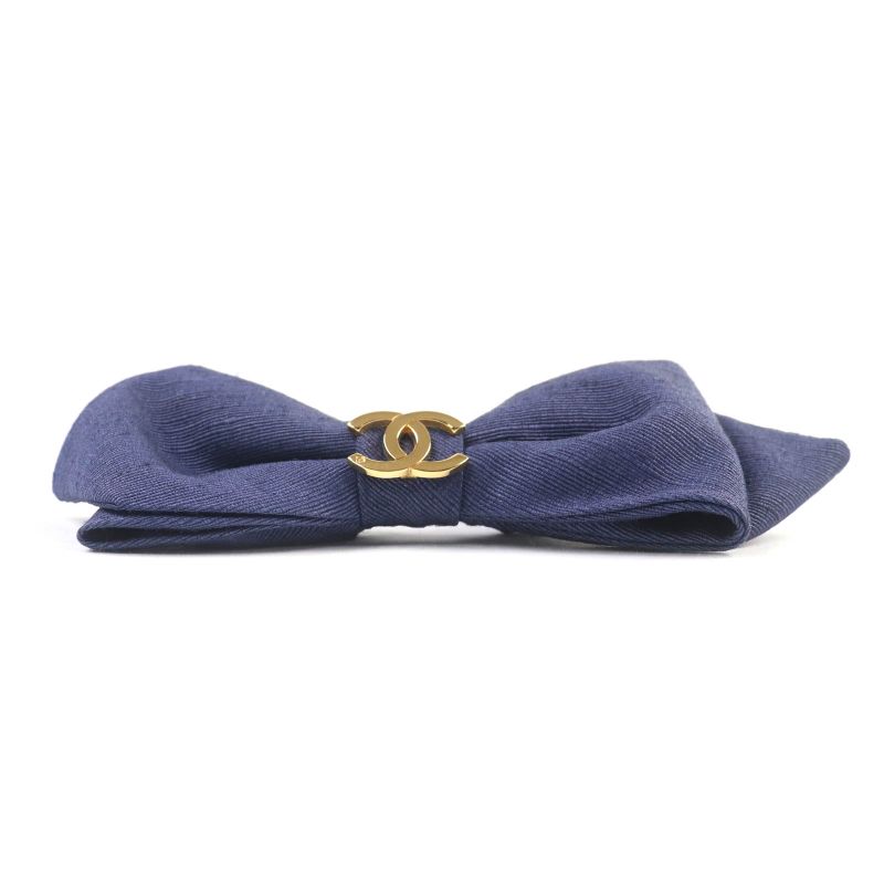 CHANEL Fabric Ribbon Chouche With Coco Mark Hardware Hair Accessory Navy