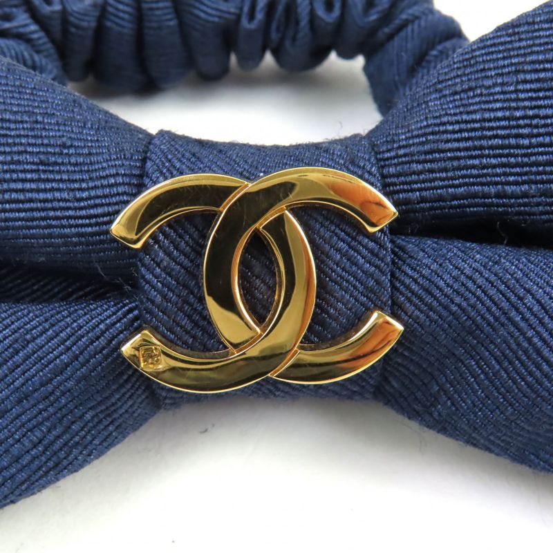 CHANEL Fabric Ribbon Chouche With Coco Mark Hardware Hair Accessory Navy