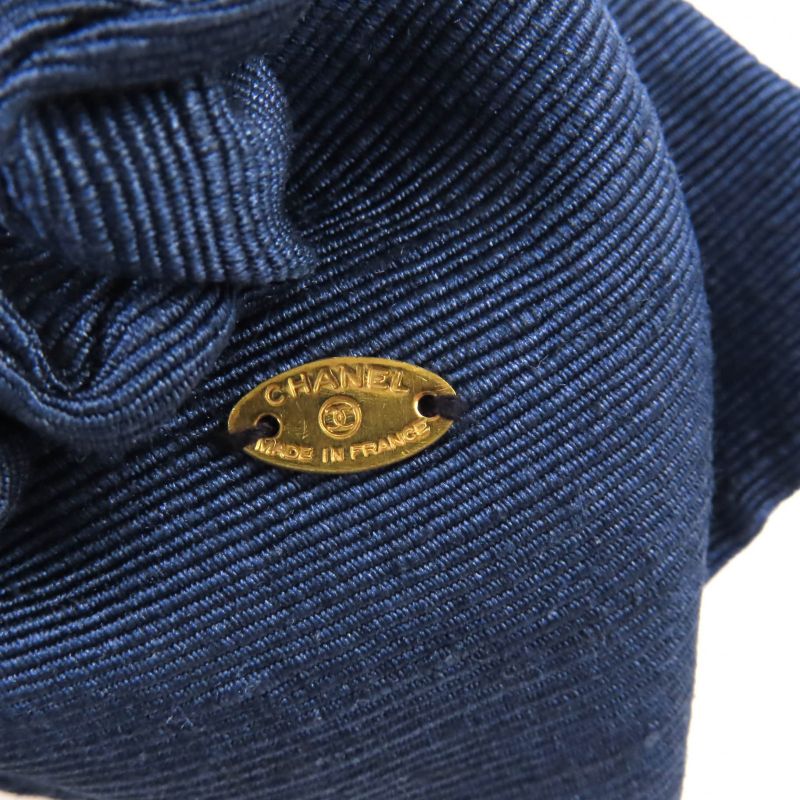 CHANEL Fabric Ribbon Chouche With Coco Mark Hardware Hair Accessory Navy