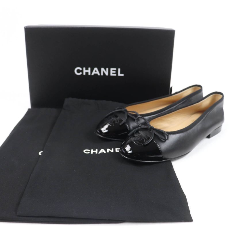 CHANEL G02819 Coco Mark Ballerina Leather Flat Pumps Ballet Shoes Black 37.5