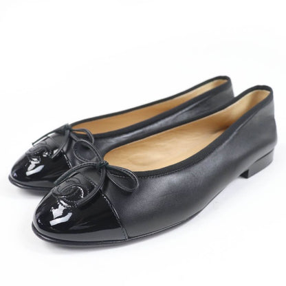 CHANEL G02819 Coco Mark Ballerina Leather Flat Pumps Ballet Shoes Black 37.5