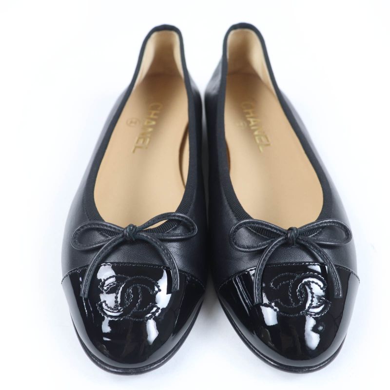 CHANEL G02819 Coco Mark Ballerina Leather Flat Pumps Ballet Shoes Black 37.5