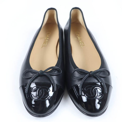 CHANEL G02819 Coco Mark Ballerina Leather Flat Pumps Ballet Shoes Black 37.5