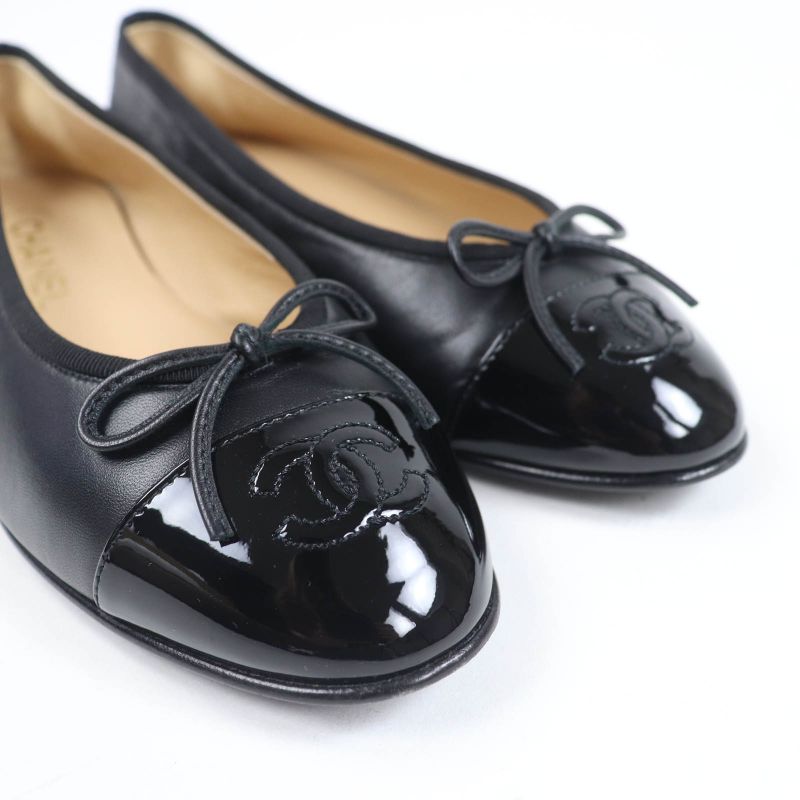 CHANEL G02819 Coco Mark Ballerina Leather Flat Pumps Ballet Shoes Black 37.5