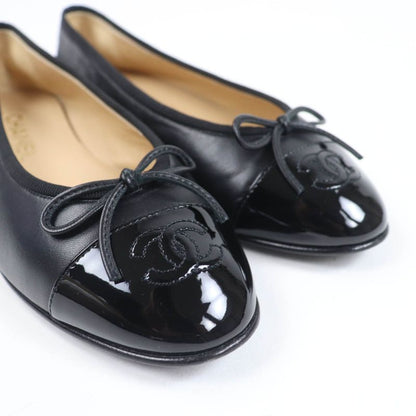 CHANEL G02819 Coco Mark Ballerina Leather Flat Pumps Ballet Shoes Black 37.5