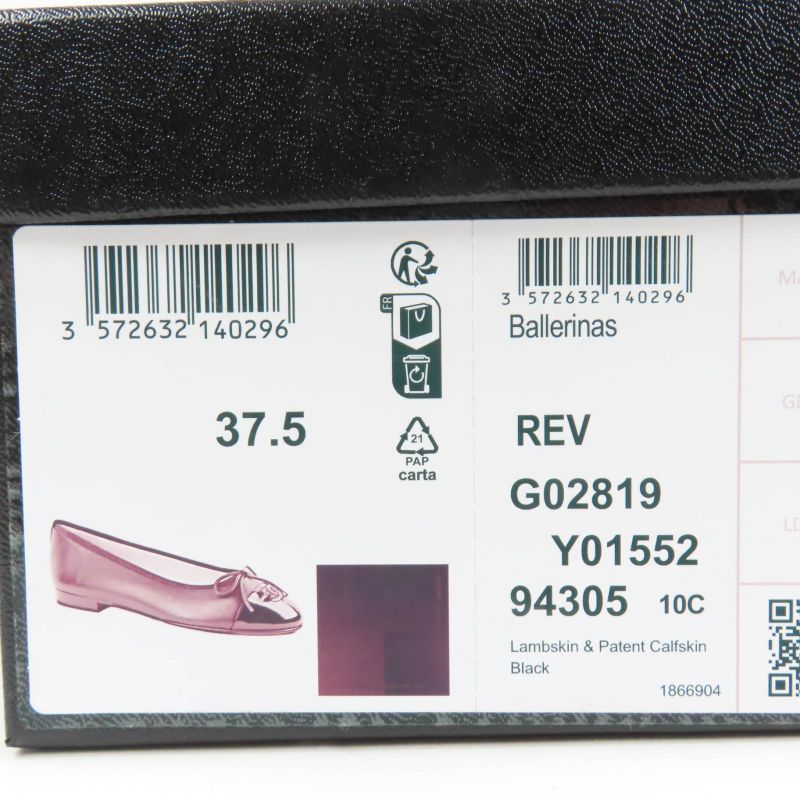 CHANEL G02819 Coco Mark Ballerina Leather Flat Pumps Ballet Shoes Black 37.5