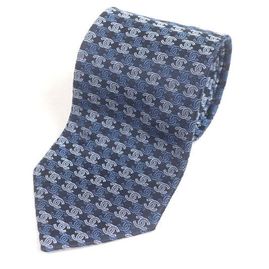 CHANEL 100% Silk Coco Mark Allover Pattern Wide Tie Navy Men's