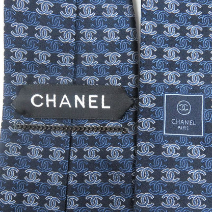 CHANEL 100% Silk Coco Mark Allover Pattern Wide Tie Navy Men's
