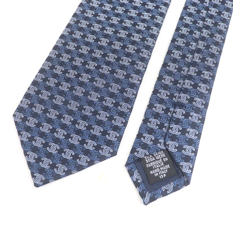 CHANEL 100% Silk Coco Mark Allover Pattern Wide Tie Navy Men's
