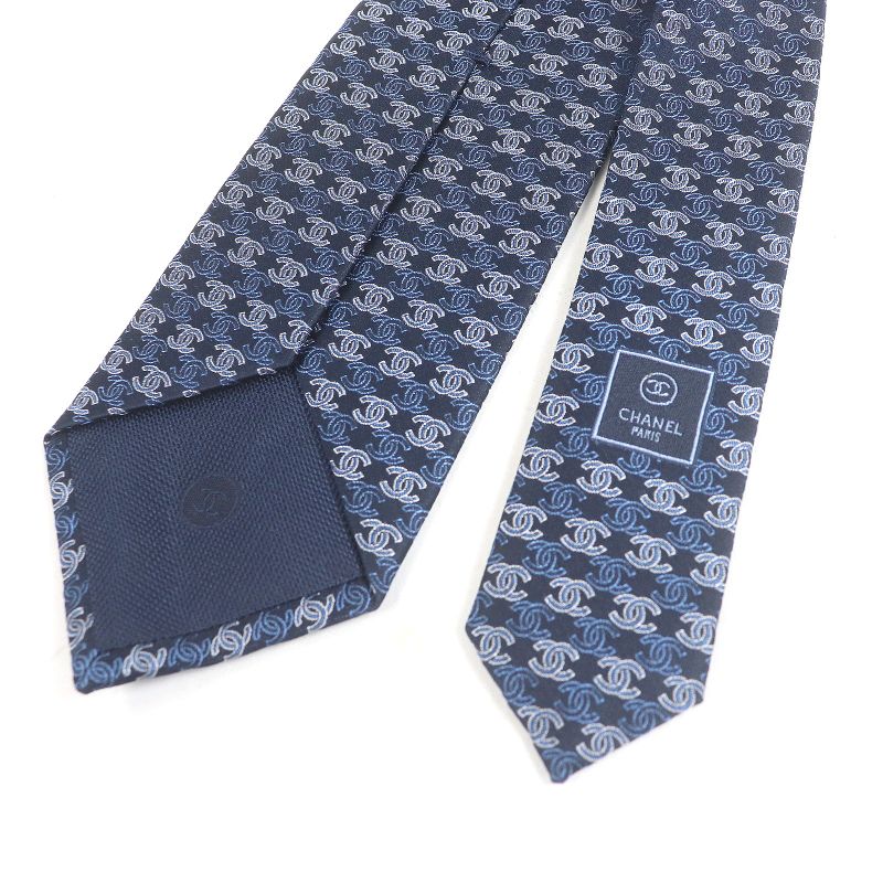 CHANEL 100% Silk Coco Mark Allover Pattern Wide Tie Navy Men's