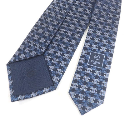 CHANEL 100% Silk Coco Mark Allover Pattern Wide Tie Navy Men's
