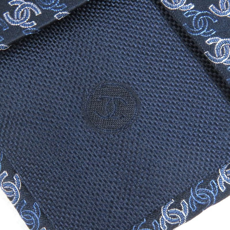 CHANEL 100% Silk Coco Mark Allover Pattern Wide Tie Navy Men's