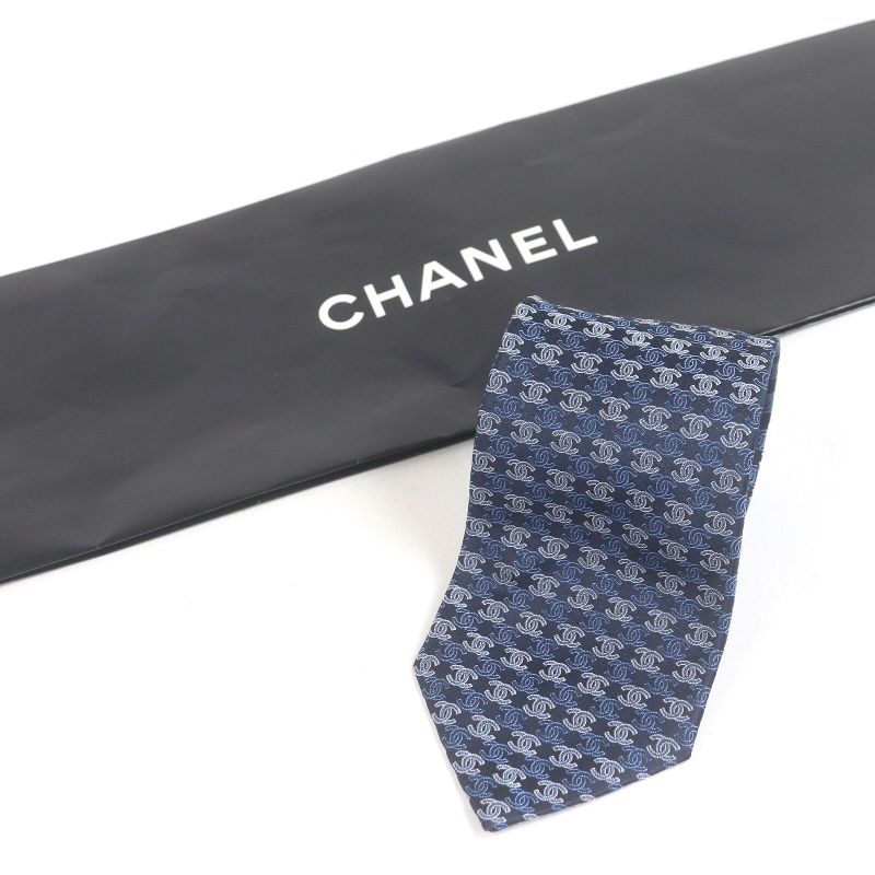 CHANEL 100% Silk Coco Mark Allover Pattern Wide Tie Navy Men's