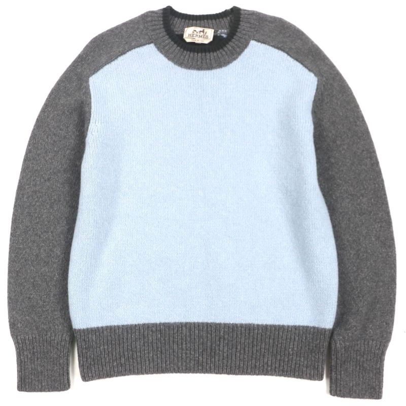 Hermes 22AW 100% Cashmere Low-gauge Knit Sweater Gray Light Blue Green Black S