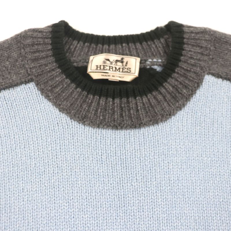 Hermes 22AW 100% Cashmere Low-gauge Knit Sweater Gray Light Blue Green Black S
