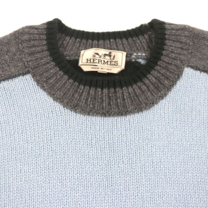 Hermes 22AW 100% Cashmere Low-gauge Knit Sweater Gray Light Blue Green Black S