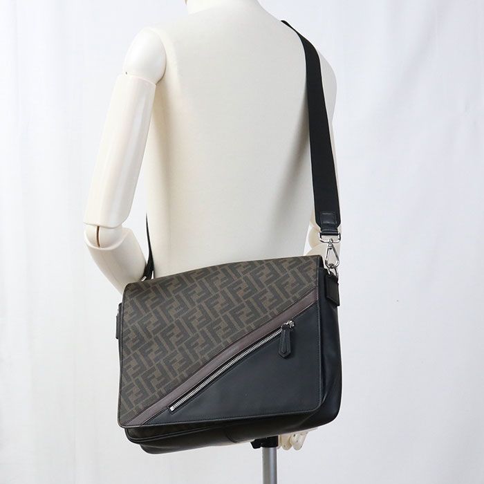 Fendi Diagonal 7va521 A9XS Crossbody Shoulder Bag PVC Leather Men's