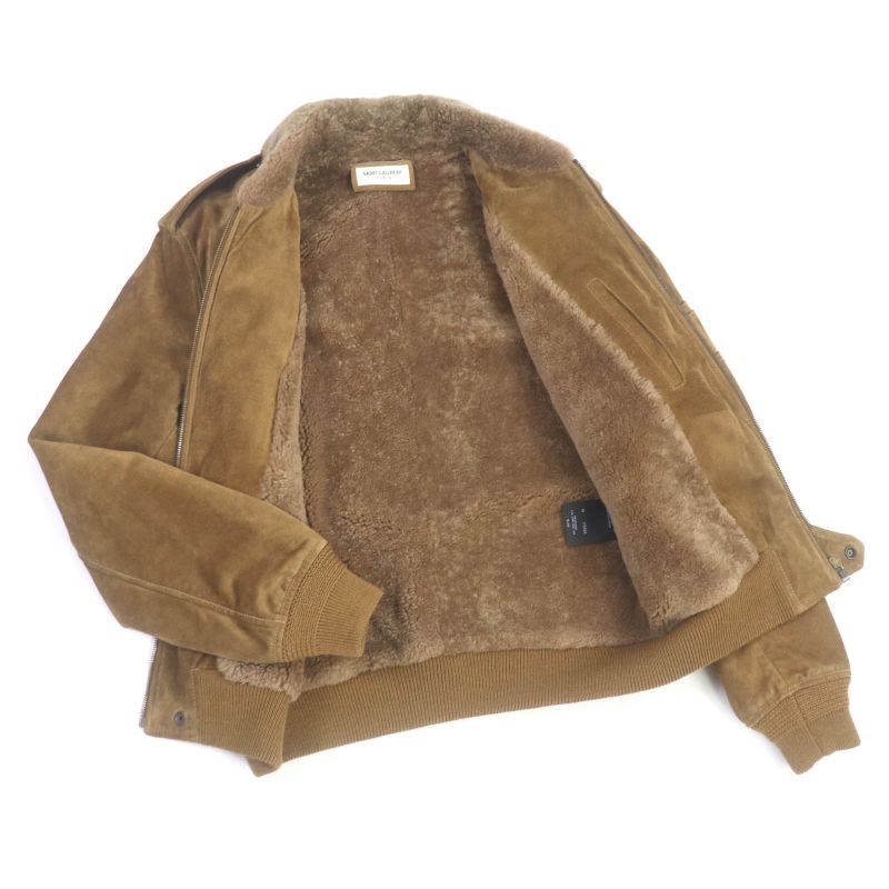 Saint Laurent Paris 19AW 577687 Mouton Boa Suede Leather Bomber Jacket Brown 46