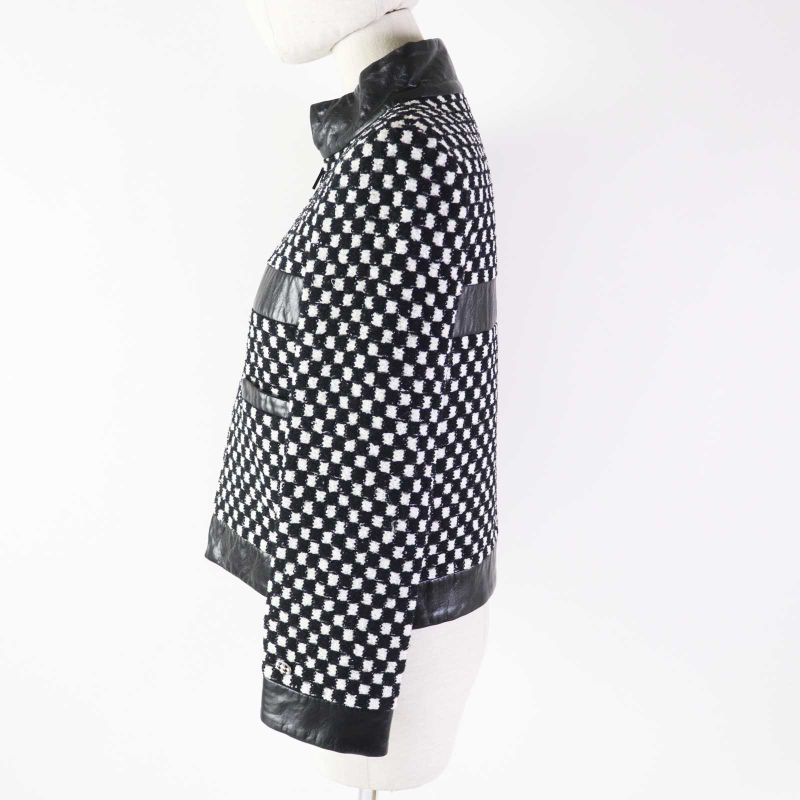 CHANEL P57185 Leather Used Sequins Checkered Tweed Jacket Black White 34 Made