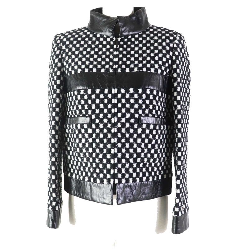CHANEL P57185 Leather Used Sequins Checkered Tweed Jacket Black White 34 Made