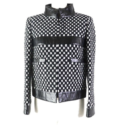 CHANEL P57185 Leather Used Sequins Checkered Tweed Jacket Black White 34 Made