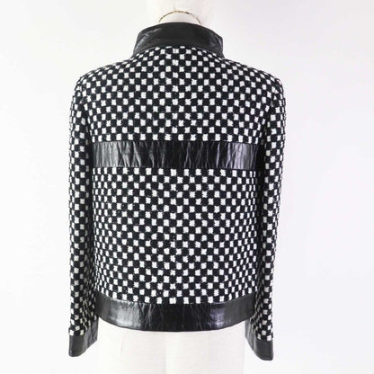 CHANEL P57185 Leather Used Sequins Checkered Tweed Jacket Black White 34 Made