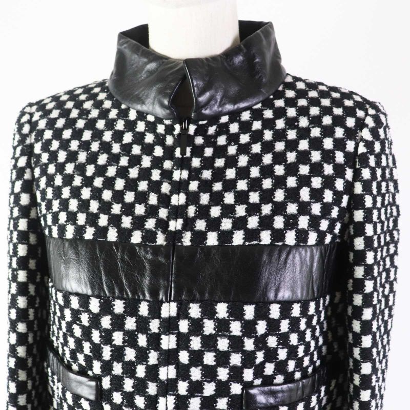 CHANEL P57185 Leather Used Sequins Checkered Tweed Jacket Black White 34 Made