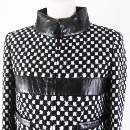 CHANEL P57185 Leather Used Sequins Checkered Tweed Jacket Black White 34 Made