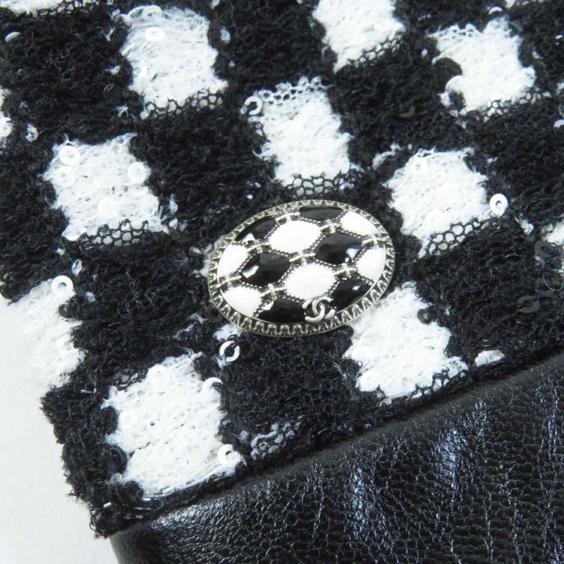 CHANEL P57185 Leather Used Sequins Checkered Tweed Jacket Black White 34 Made