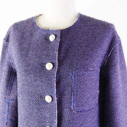 CHANEL P45867 F Pearl Coco Mark Button Cut Off Collarless Tweed Metallic Jacket