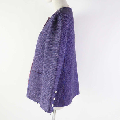 CHANEL P45867 F Pearl Coco Mark Button Cut Off Collarless Tweed Metallic Jacket