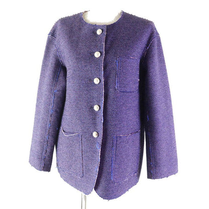 CHANEL P45867 F Pearl Coco Mark Button Cut Off Collarless Tweed Metallic Jacket