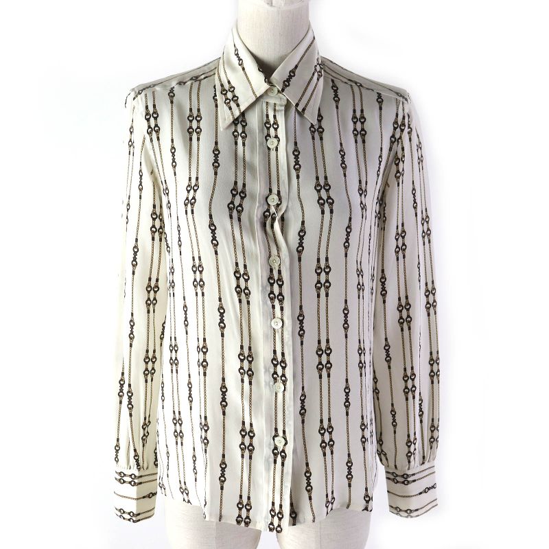 Celine 100% Silk Rare Old Celine Bit Rope Pattern Long Sleeve Shirt Off White