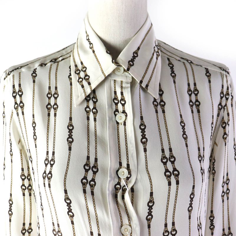 Celine 100% Silk Rare Old Celine Bit Rope Pattern Long Sleeve Shirt Off White