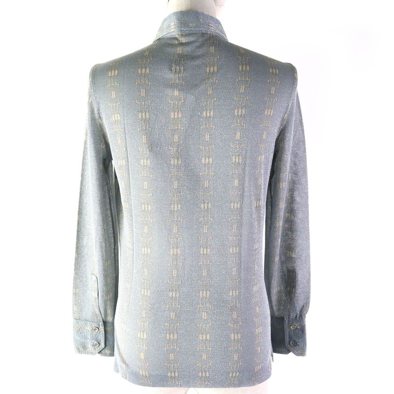 Celine Rare Old Celine Chain Pattern Lame Long Sleeve Shirt Blue Grey Beige